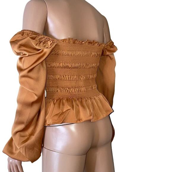 Mixed thread Smocked Peasant long Sleeve Ruffle Blouse Long Textured Satin SZ M - Picture 5 of 9